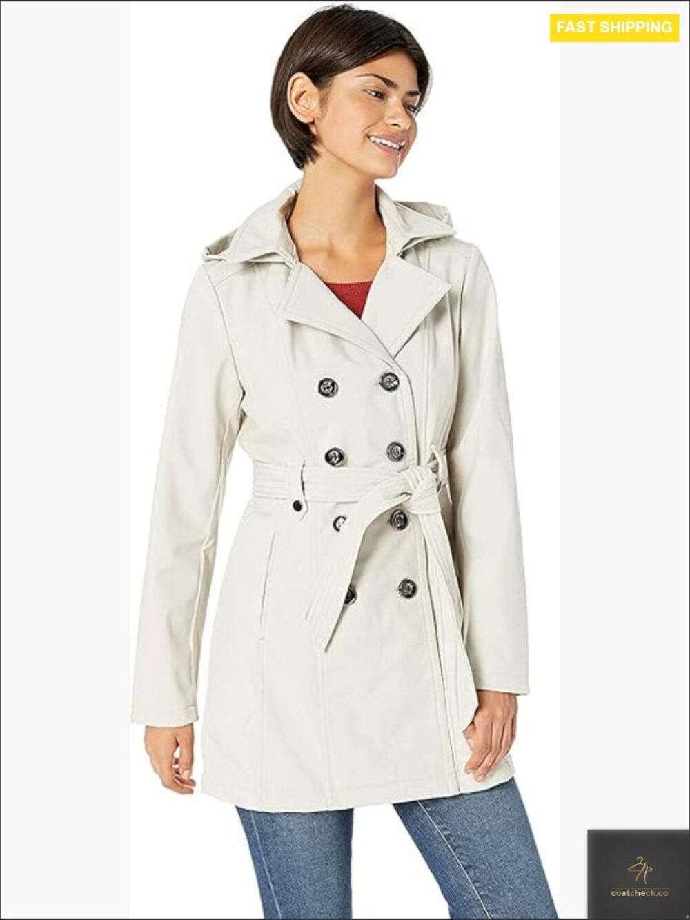 Soft Shell Trench Coat with Detachable Hood Classic Double-Breasted Belted